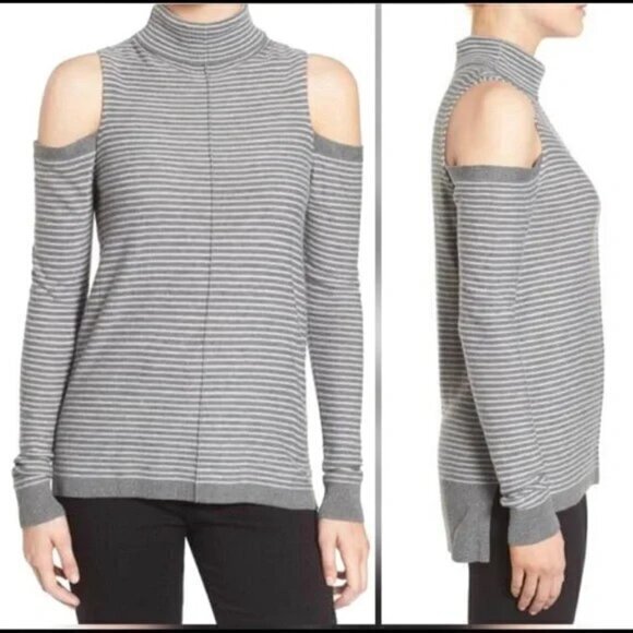 Trouve’ Cold Shoulder Gray Striped Mock Turtleneck Sweater-Cashmere Blend-‎ Sz.M - Picture 1 of 10